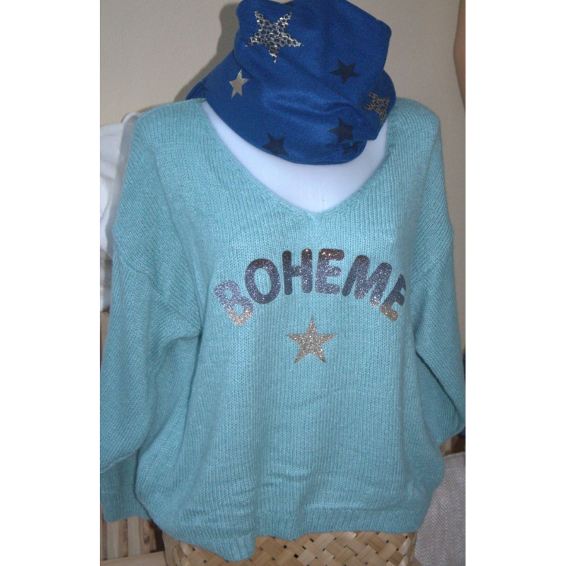 PULL TURQUOISE BOHEME PAILLETTE