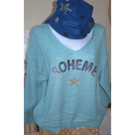 PULL TURQUOISE BOHEME PAILLETTE