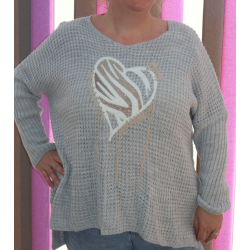 PULL MAILLE GAUFREE COEUR GRIS