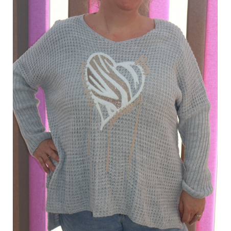 PULL MAILLE GAUFREE COEUR GRIS