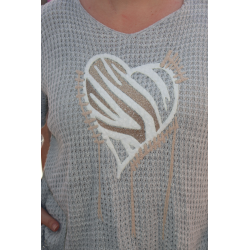 PULL MAILLE GAUFREE COEUR GRIS