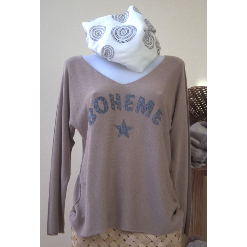 PULL BOHEME TAUPE PAILLETTES